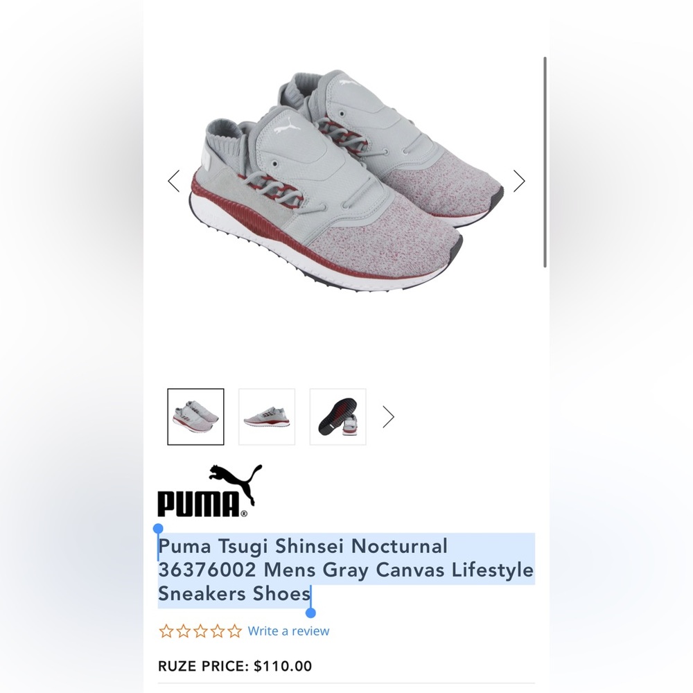 Puma Tsugi Shinsei Nocturnal Mens Gray Canvas Lifestyle Sneakers Shoes Size 13